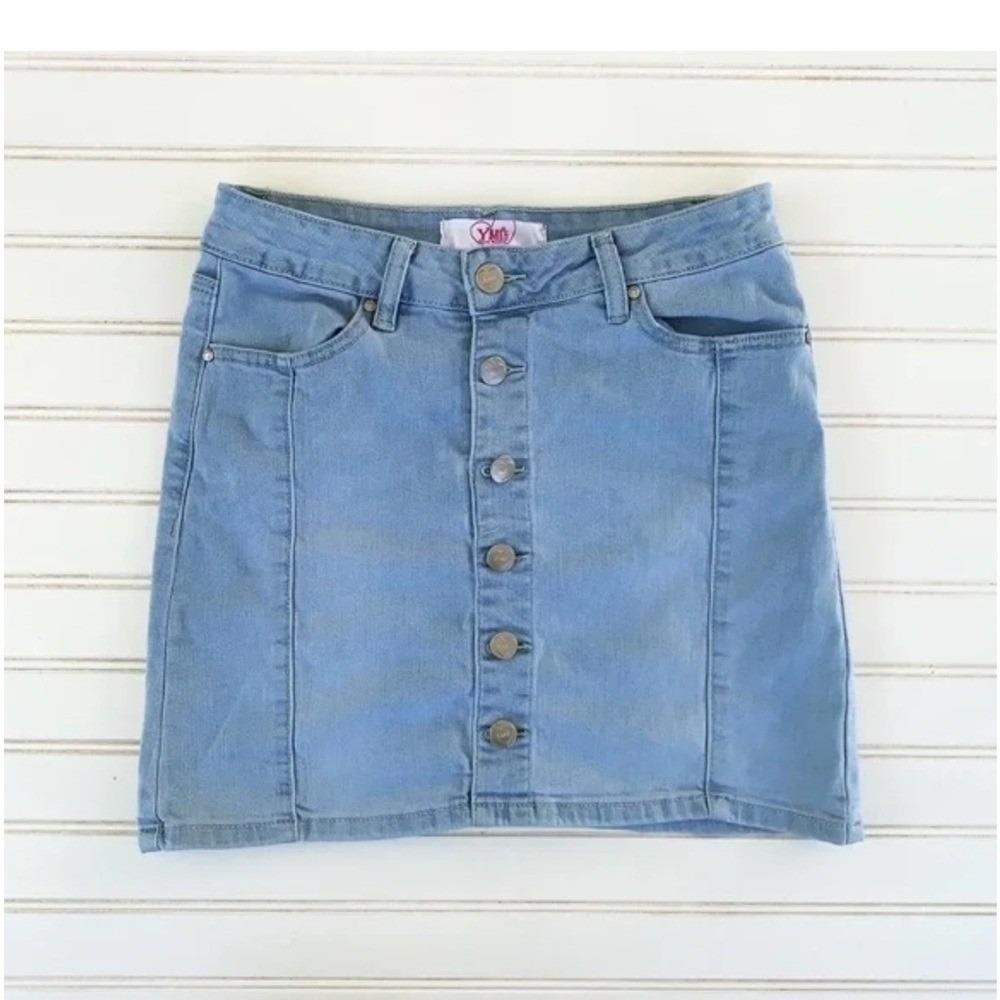 YMI Denim Mini Skirt Size 14 Girls Light Wash Button Front Jean Skirt